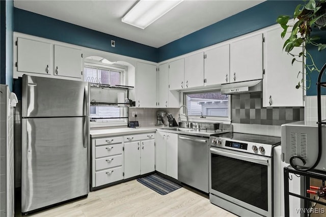 kitchen with white cabinets, a sink, stainless steel appliances, tasteful backsplash, and under cabinet range hood