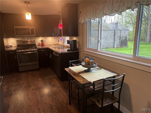 kitchen with plenty of natural light, a sink, dark wood-style flooring, and stainless steel appliances