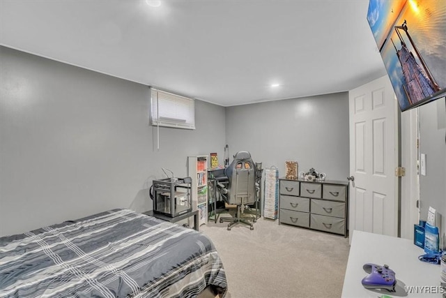 carpeted bedroom featuring recessed lighting