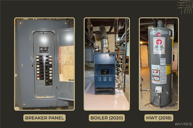 utility room with gas water heater and electric panel