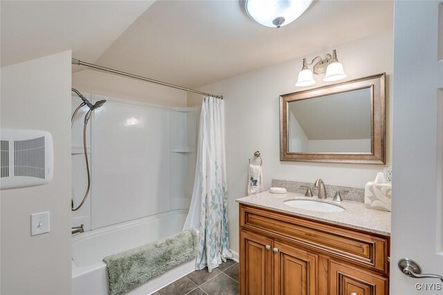 222 William St, Brownville, NY 13634 - bathroom with vanity, tile patterned flooring, and shower / tub combo with curtain