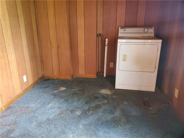212 Mechanic St, Elmira City, NY 14904 - laundry area with washer / clothes dryer, carpet flooring, and wood walls