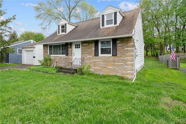 504 Beverly Dr, Camillus, NY 13219 - cape cod-style house with fence, a shingled roof, a front lawn, stone siding, and a garage
