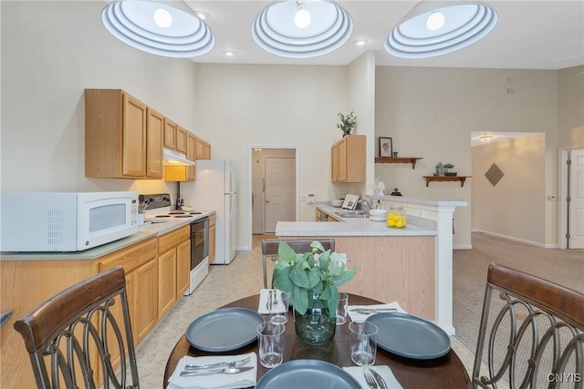 kitchen featuring light countertops, a peninsula, under cabinet range hood, and white appliances