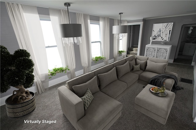 carpeted living area with baseboards, ornamental molding, and visible vents