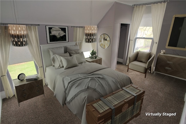 carpeted bedroom with lofted ceiling