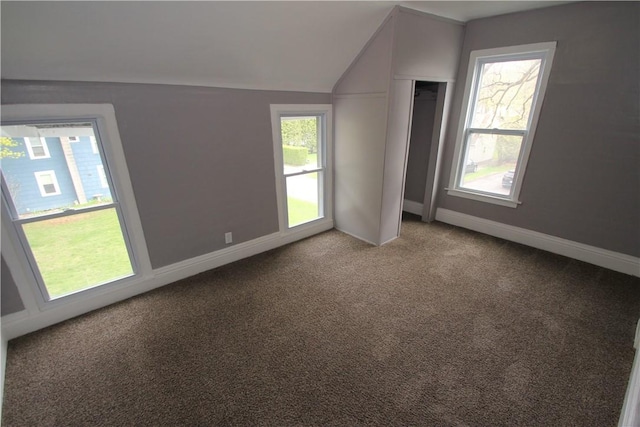 additional living space with lofted ceiling, baseboards, and carpet