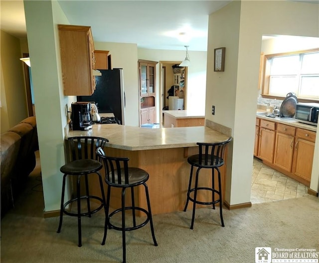 804 Smith Rd, Villenova, NY 14062 - kitchen with stainless steel appliances, light carpet, a peninsula, and light countertops