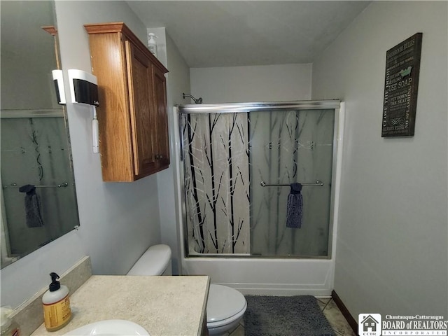 804 Smith Rd, Villenova, NY 14062 - bathroom featuring toilet, shower / bath combination with glass door, vanity, and tile patterned flooring