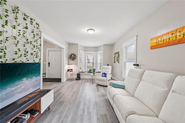 living area with baseboards and wood finished floors