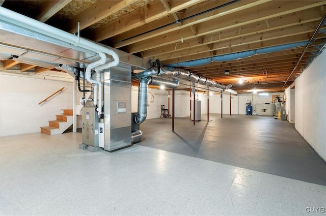 3578 S St, Kirkland, NY 13323 - unfinished basement featuring stairway, gas water heater, heating unit, and tile patterned floors