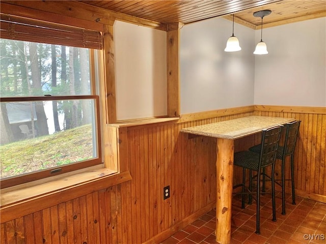 5048 State Route 28, Webb, NY 13420 - bar featuring brick patterned floor, a bar, wooden ceiling, wooden walls, and a wainscoted wall