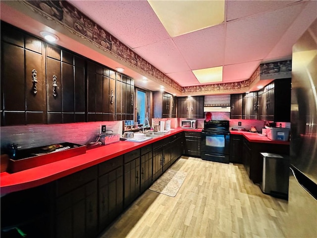 121 E William St, Bath, NY 14810 - kitchen with a sink, black range with electric stovetop, range hood, a paneled ceiling, and light wood-type flooring