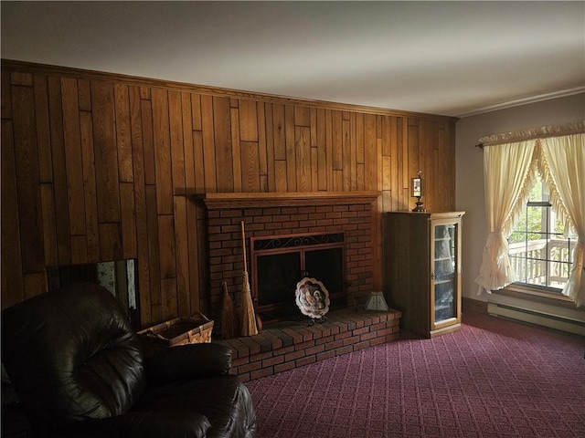 10400 Fox Ridge Rd, Corning, NY 14830 - carpeted living area featuring wood walls, a fireplace, and a baseboard radiator