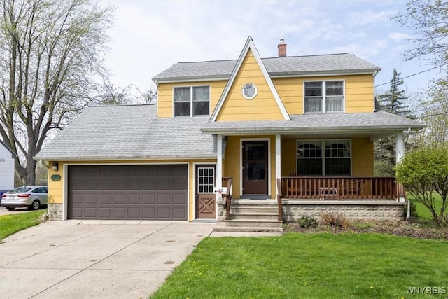 view of front of house with covered porch, an attached garage, concrete driveway, a front lawn, and a chimney
