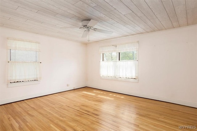 empty room featuring baseboards, ceiling fan, wood ceiling, and wood finished floors