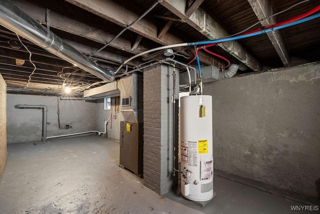 basement with water heater and heating unit