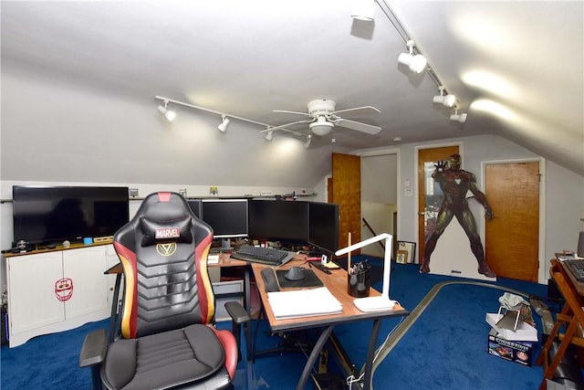 726 Robinson Hill Rd, Union, NY 13790 - office space featuring carpet flooring, rail lighting, lofted ceiling, and ceiling fan