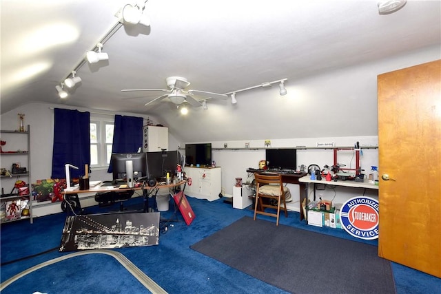 726 Robinson Hill Rd, Union, NY 13790 - interior space with track lighting, a ceiling fan, lofted ceiling, and carpet floors