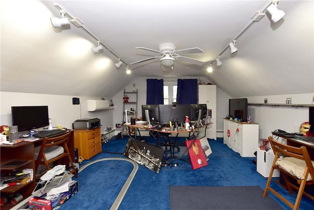 726 Robinson Hill Rd, Union, NY 13790 - carpeted office featuring vaulted ceiling, ceiling fan, and track lighting