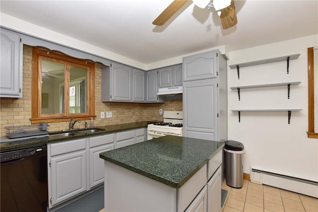 726 Robinson Hill Rd, Union, NY 13790 - kitchen with white range with gas stovetop, baseboard heating, under cabinet range hood, black dishwasher, and a sink