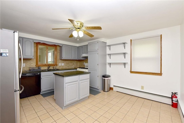 726 Robinson Hill Rd, Union, NY 13790 - kitchen with freestanding refrigerator, gray cabinetry, white gas range, black dishwasher, and dark countertops