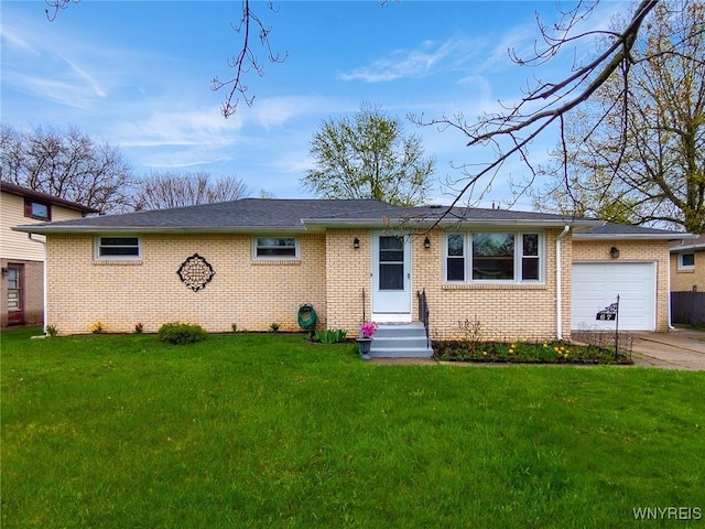 single story home with an attached garage, concrete driveway, a front lawn, brick siding, and entry steps