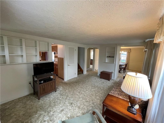 living area featuring light carpet, a textured ceiling, and arched walkways