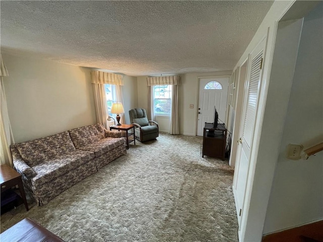 carpeted living room with a textured ceiling