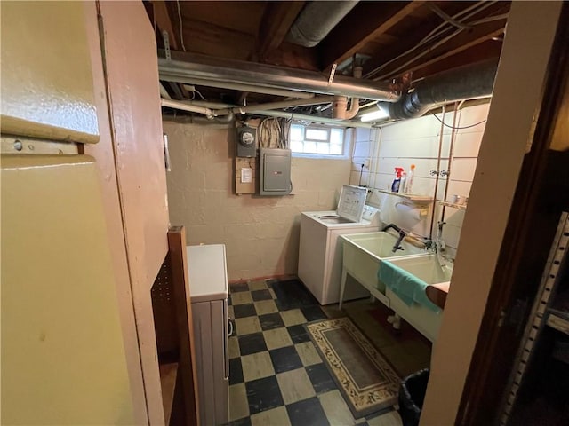 laundry room with separate washer and dryer, laundry area, electric panel, and dark floors