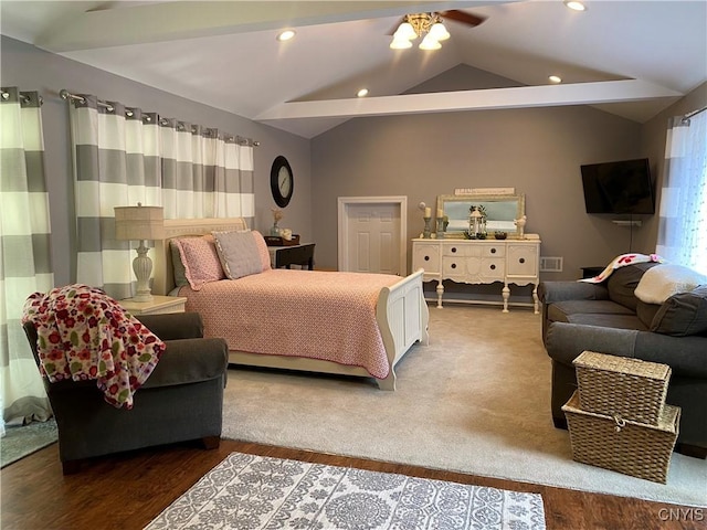bedroom featuring vaulted ceiling, recessed lighting, ceiling fan, visible vents, and wood finished floors