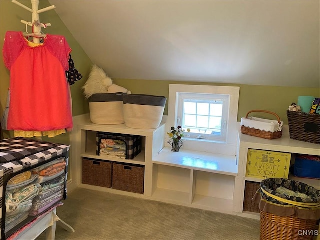spacious closet featuring lofted ceiling and carpet floors