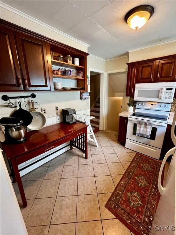 kitchen with a baseboard heating unit, white appliances, light tile patterned flooring, open shelves, and crown molding