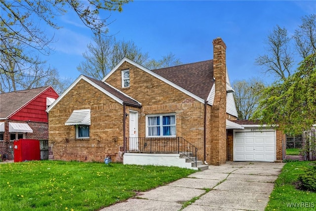 321 Eggert Rd, Cheektowaga, NY 14215 - view of front of property featuring brick siding, a garage, a chimney, concrete driveway, and roof with shingles