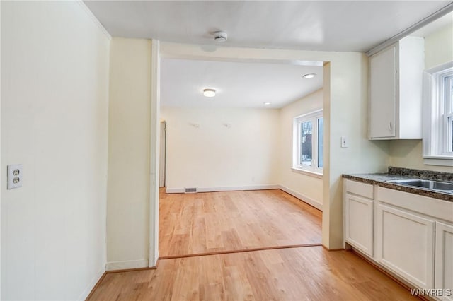 321 Eggert Rd, Cheektowaga, NY 14215 - kitchen with dark countertops, light wood-style floors, a sink, and baseboards