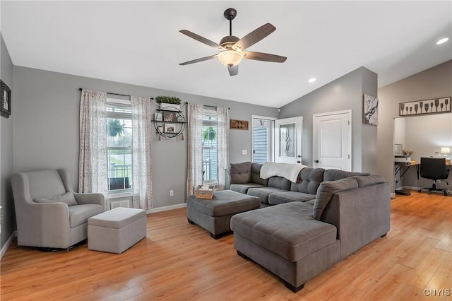 26519 State Route 180, Brownville, NY 13634 - living area with vaulted ceiling, light wood-type flooring, baseboards, and a ceiling fan