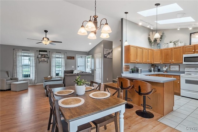 26519 State Route 180, Brownville, NY 13634 - kitchen with lofted ceiling with skylight, white appliances, track lighting, open floor plan, and light countertops