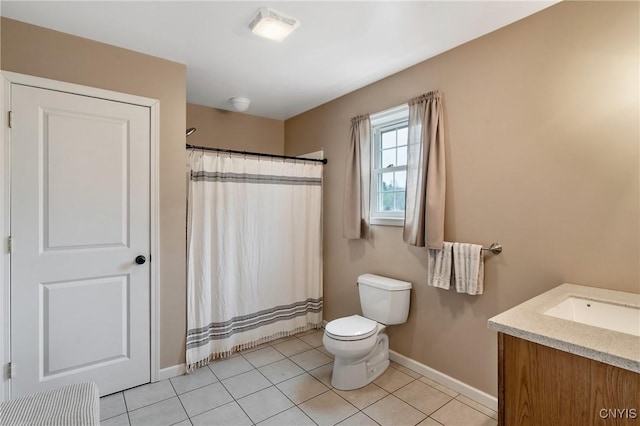 26519 State Route 180, Brownville, NY 13634 - bathroom with toilet, a shower with curtain, baseboards, tile patterned flooring, and vanity