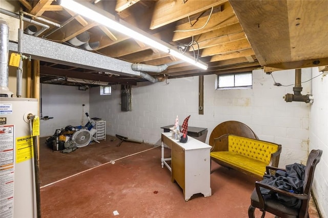 below grade area with electric panel and water heater