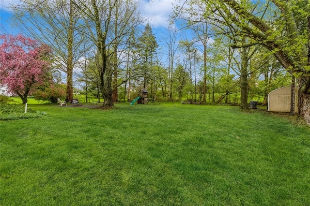 view of yard featuring an outdoor structure, a shed, and a playground
