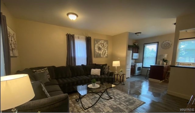 living area with baseboards and wood finished floors
