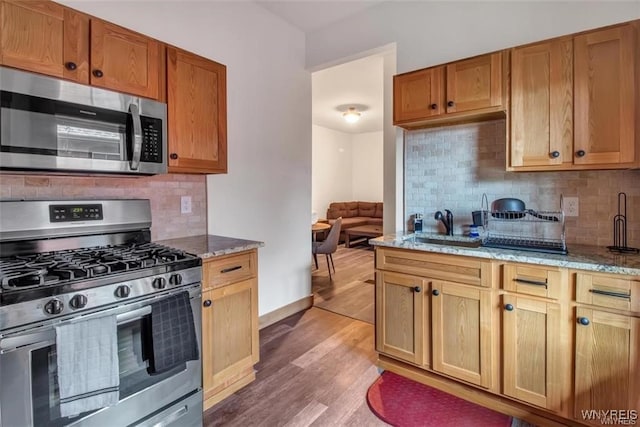 58 Park St, Buffalo, NY 14201 - kitchen featuring stainless steel appliances, a sink, decorative backsplash, and light wood-style floors