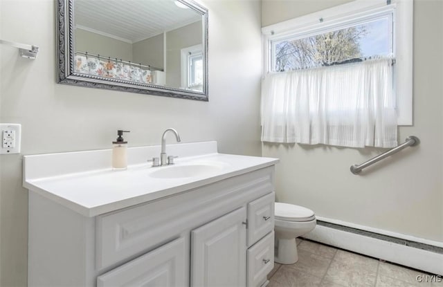 83 Salisbury St, Sandy Creek, NY 13083 - full bathroom with a baseboard radiator, toilet, ornamental molding, tile patterned flooring, and vanity