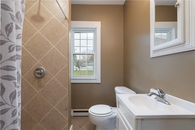 full bath featuring a baseboard heating unit, a healthy amount of sunlight, toilet, and curtained shower