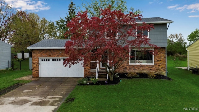 view of front facade featuring concrete driveway, brick siding, a front lawn, and a garage