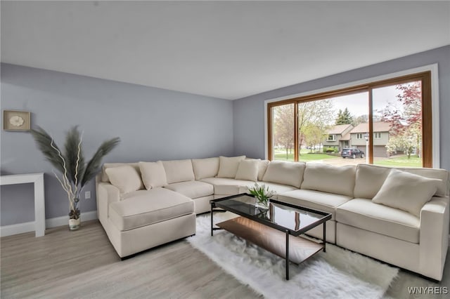 living room with baseboards and light wood-type flooring