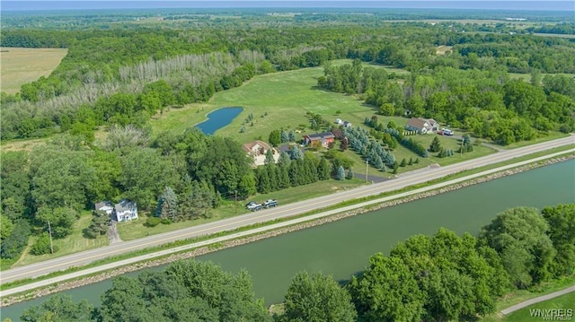 bird's eye view featuring a water view and a wooded view