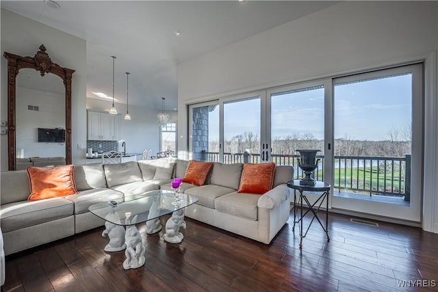 living room with a healthy amount of sunlight, dark wood finished floors, and visible vents