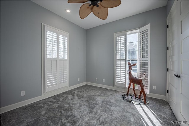 unfurnished room with a ceiling fan, carpet flooring, recessed lighting, and baseboards