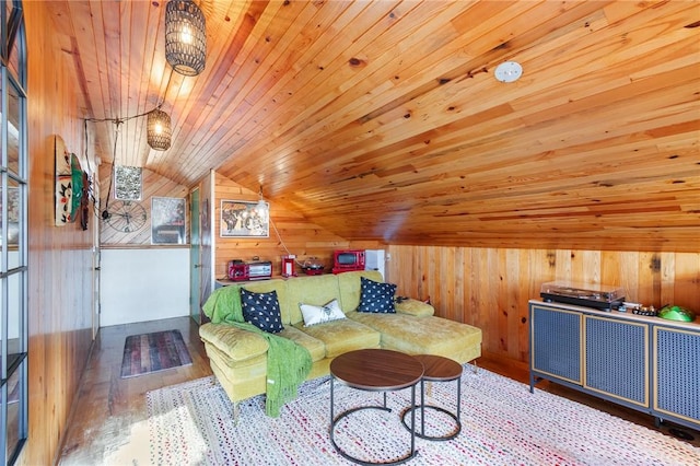 living area featuring wooden ceiling, wood walls, and wood finished floors